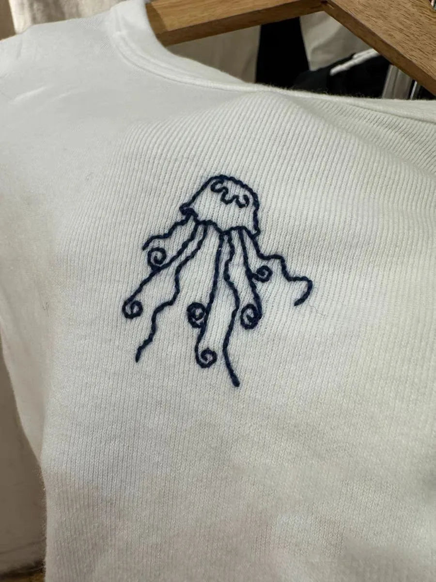 Cute Jellyfish Embroidery Crop Top Woman Summer Round Neck Short Sleeve Cotton Cropped Tees Sweet Preppy Style Slim Tshirts Tops