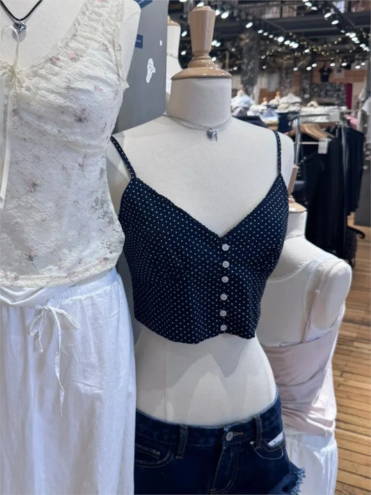 Vintage Navy Polka Dot Slim Crop Top Women Summer Cotton Single Breasted V-neck Cropped Camisole Streetwear Sweet Tank Tops New