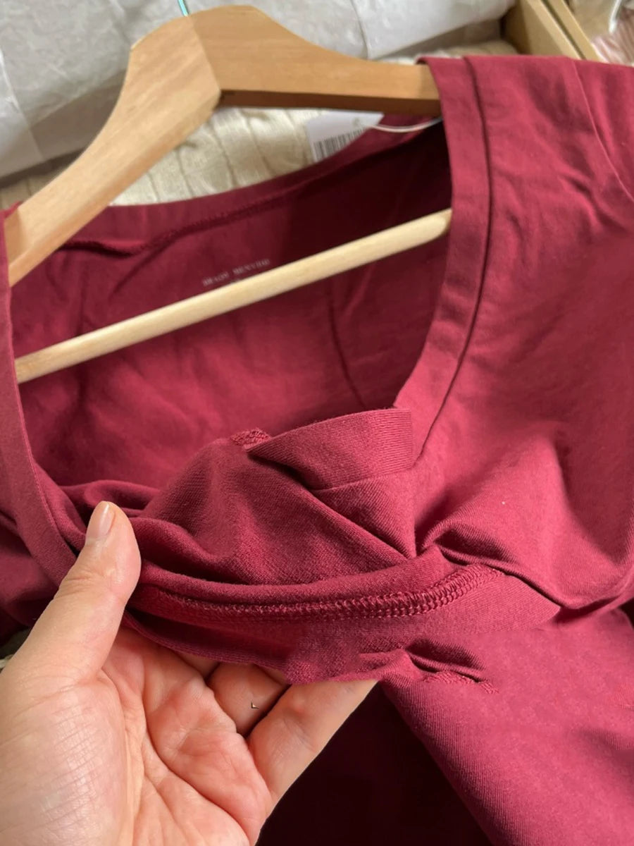 Sexy Red V-neck T-shirts Women Autumn New Streetwear Casual Cotton Slim Long Sleeve Tees Fashion Chic Vintage T Shirt Y2K Tops