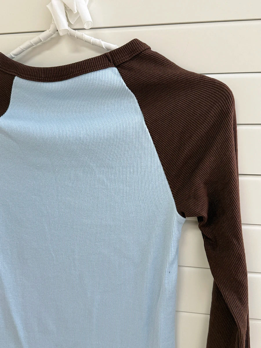 Retro Patchwork Ribbed T-shirt Women Autumn Casual Cotton Round Neck Long Sleeve Tee Shirt Vintage Preppy Style Y2K T Shirt Tops