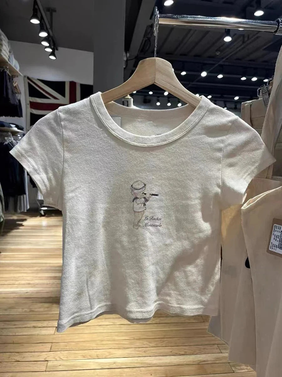 Cute Angel Print beige Crop Tops Women Summer Cotton Soft Slim Streetwear Short Sleeve Tees Female Sweet Y2K Simple Chic T-shirt