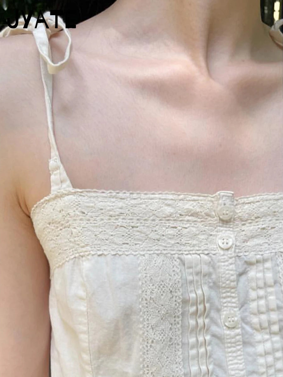 Women's Beige Buttons Strappy Tank Tops Women Summer New Slim Lace Trim Ruffle Cropped Vest Sweet Cute Vintage Chic Camisole Y2K