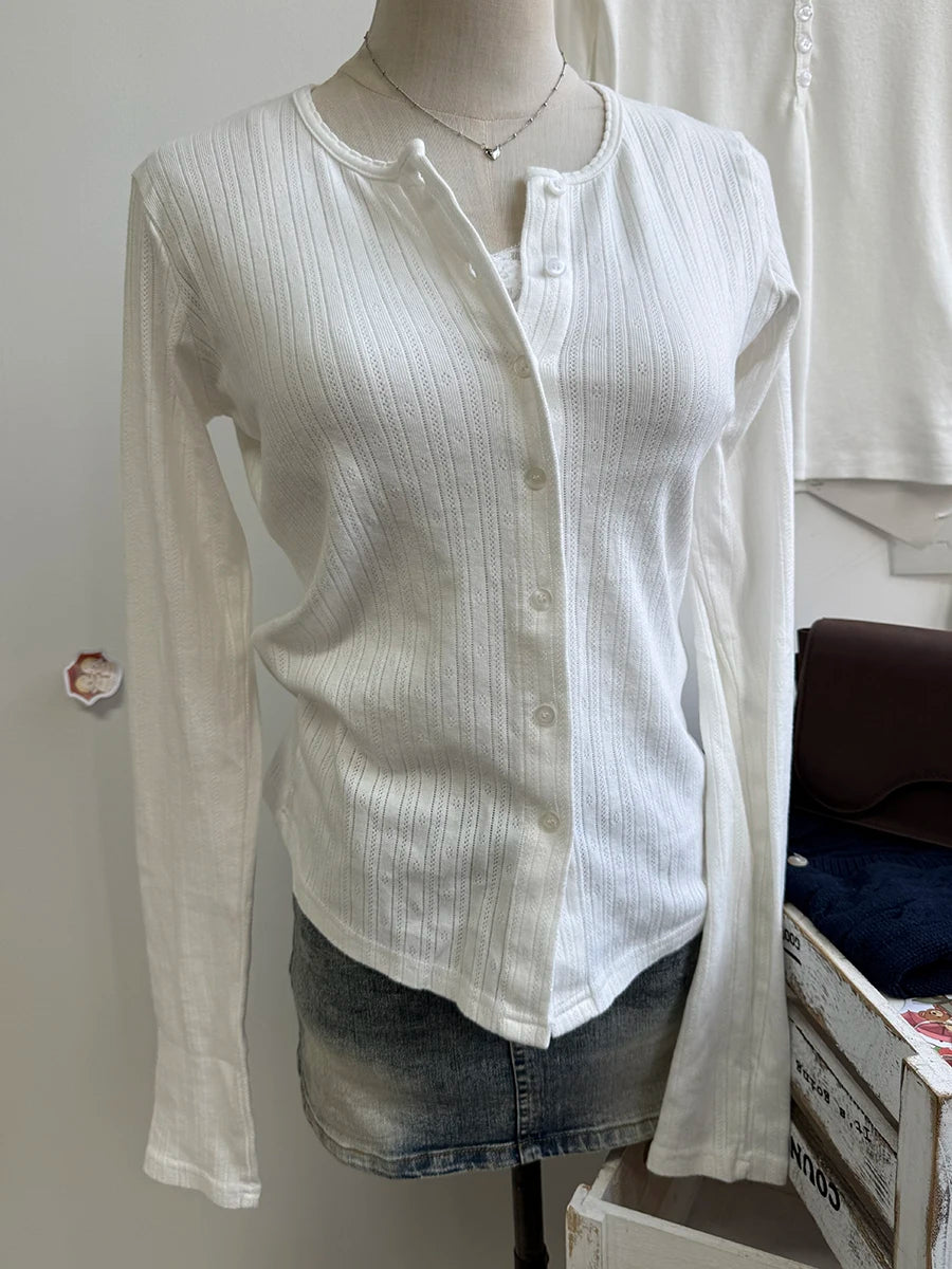 Eyelet Slim Long Sleeve T-shirt Women Spring Preppy Style O-neck Single Breasted Cotton Tee Shirts Cute Vintage Sweet Tops Y2K