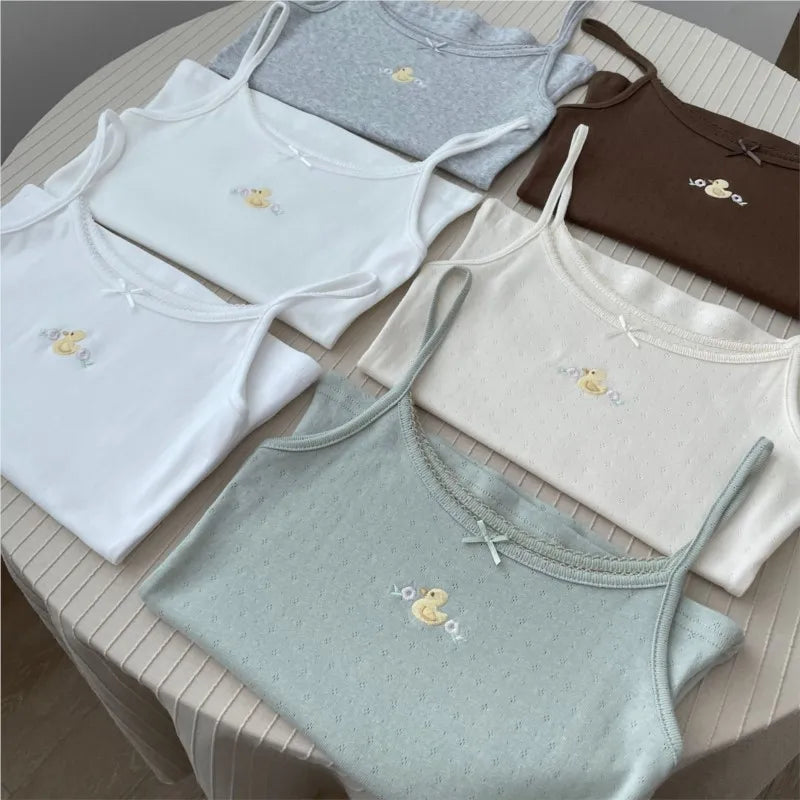 Cute Little Duck Embroidery Tank Tops Women Summer New Casual Slim Bow Sleeveless Vests Sweet Preppy Style Camisole Y2K Clothes