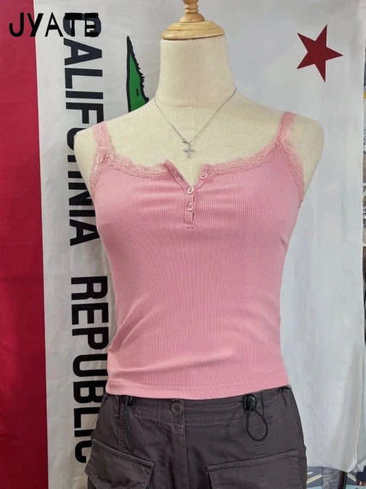 Harajuku Rose Red Lace Trim Sleeveless Vest Women New Cotton RIbbed Buttons Slim Cropped Tank Tops Sweet Chic Basic Camisole Y2K