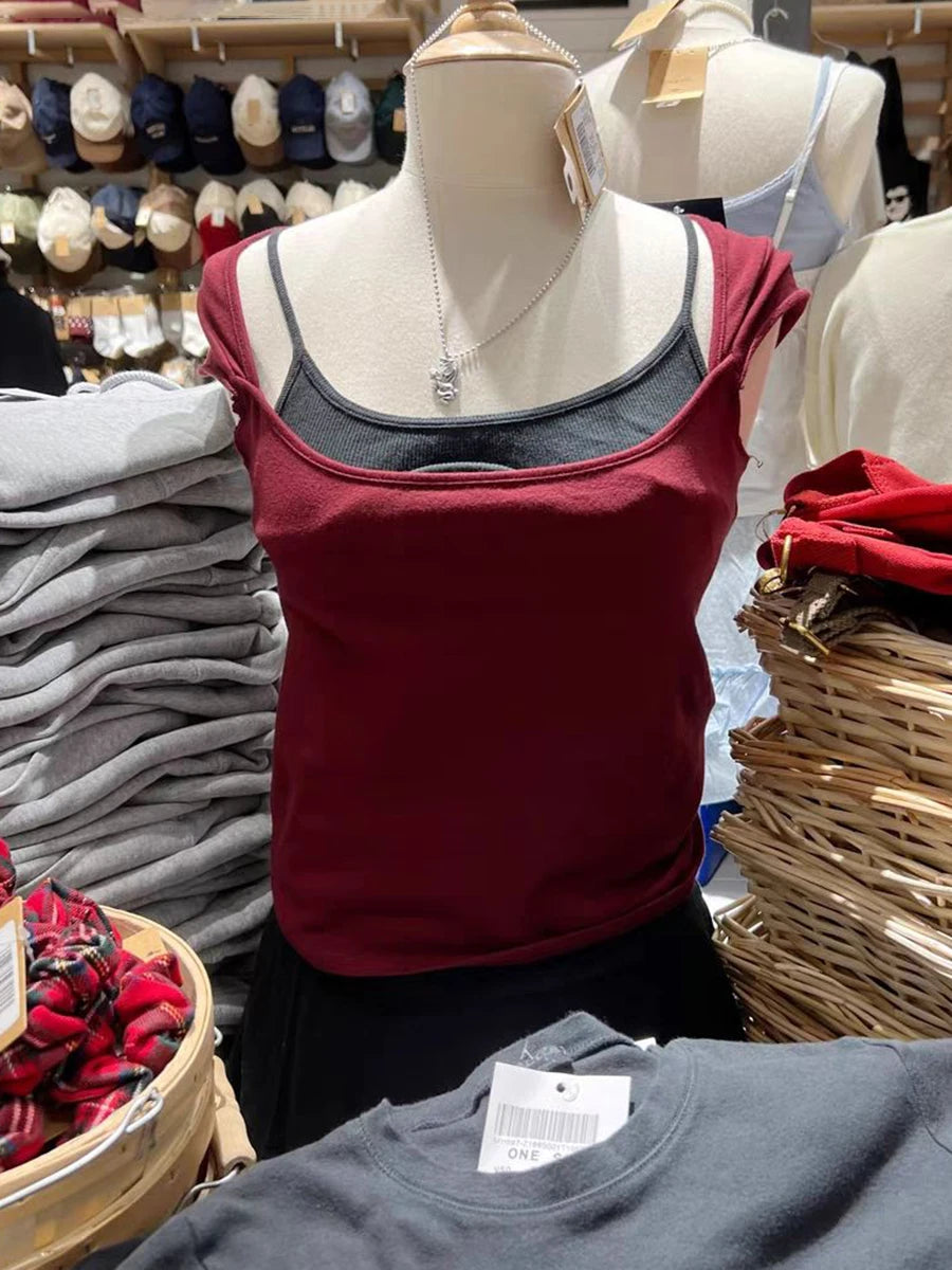 New Sweet Pink Cotton Crimping Short Sleeve Tees Women Summer Casual Simple Square Collar Crop Tops Vintage Basic Y2K T-shirts
