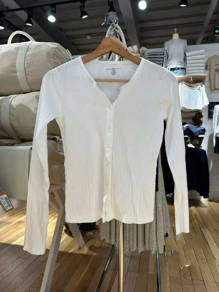 Yellow Eyelet Slim Long Sleeve T-shirt Women Preppy Style O-neck Single Breasted Cotton Tee Shirts Cute Vintage Sweet Tops Y2K
