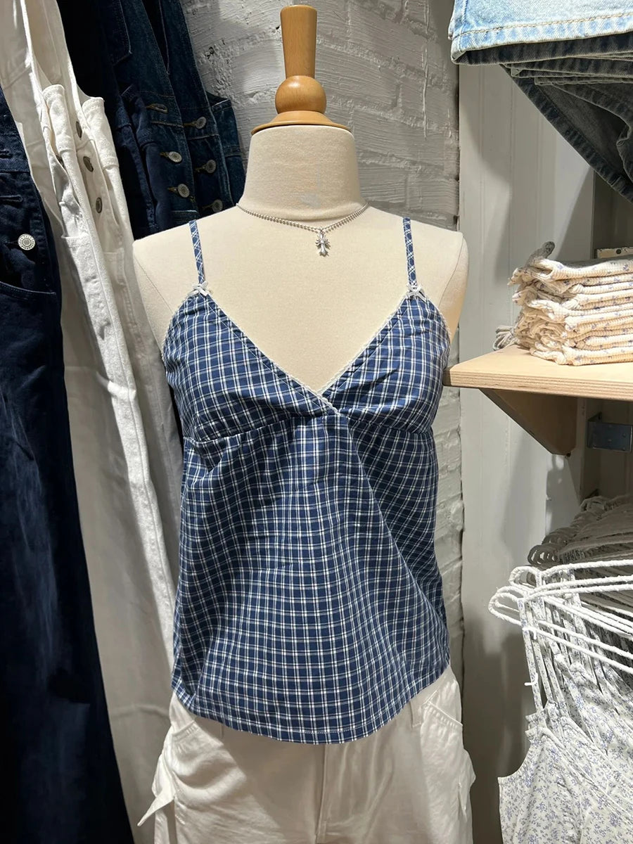 Sweet Blue Plaid Lace-up Tank Top Women Summer New Cotton Lace Trim Bow V-Neck Sleeveless Camis Vintage Cute Chic Crop Tops Y2K
