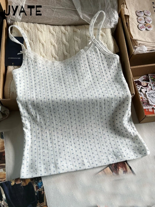 Sweet Blue Heart Print Eyelet Tank Tops Women Summer Bow Lace Trim Cotton Slim Sleeveless Cropped Vests Cute VIntage Chic Camis