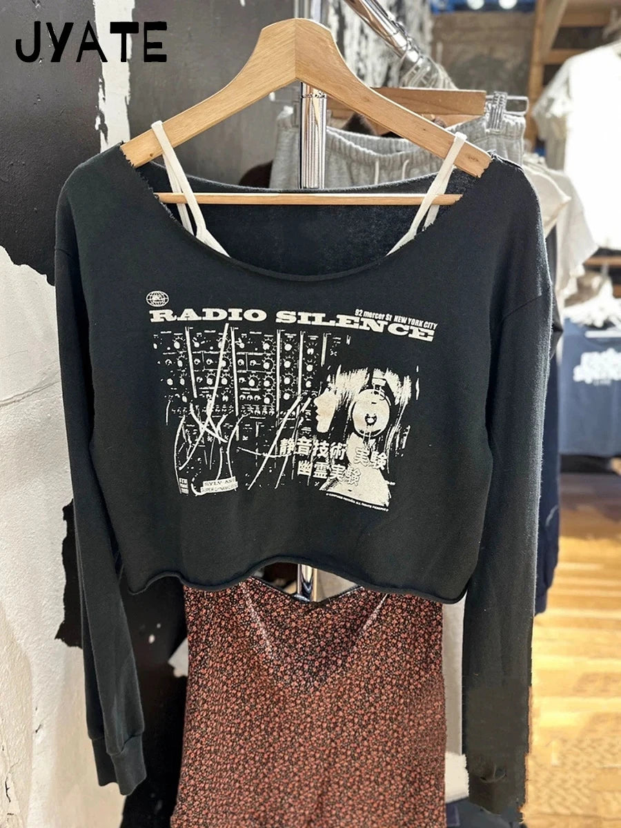 Fashion 84 Print Slim Long Sleeve Tees Women 2024 Simple Casual Raw Hem Slash Neck Tops Female Vintage Chic Sweet T-shirts Y2K