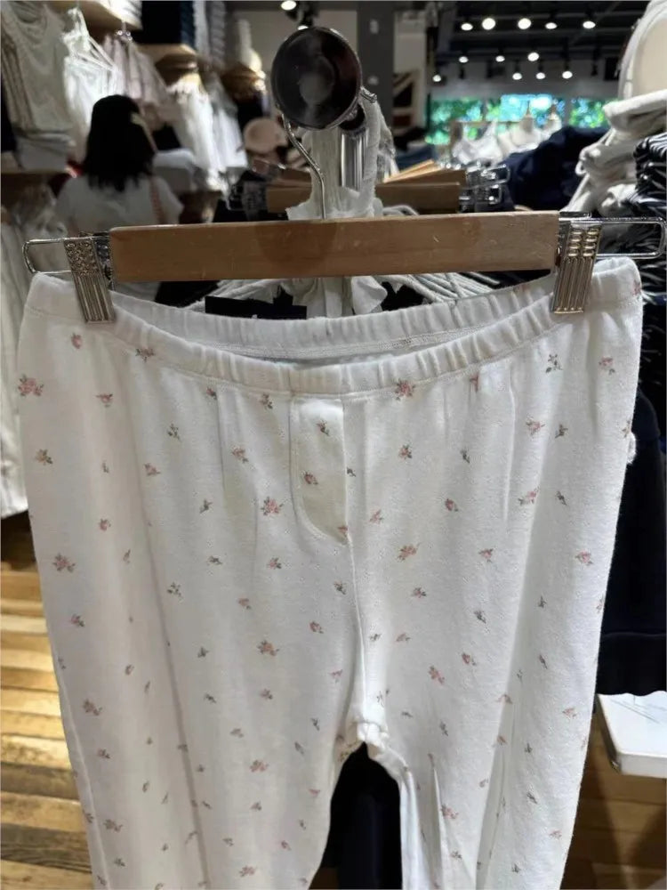 Casual Red Floral Eyelet Straight Sweatpant Women Autumn High Waist Cotton Cute Trousers Vintage Sweet Home Pajama Long Pant Y2K