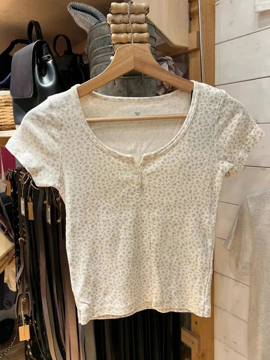 Sweet Eyelet Floral T-shirts Women Summer Casual Cotton Buttons Slim O-neck Short Sleeve Tees Cute Preppy Style Crop Tops Y2K