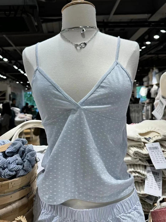 Sweet Blue V-neck Slim Tank Tops Women Summer New Cotton Sexy Heart Print Sleeveless Vests Preppy Streetwear Chic Camisole Y2K