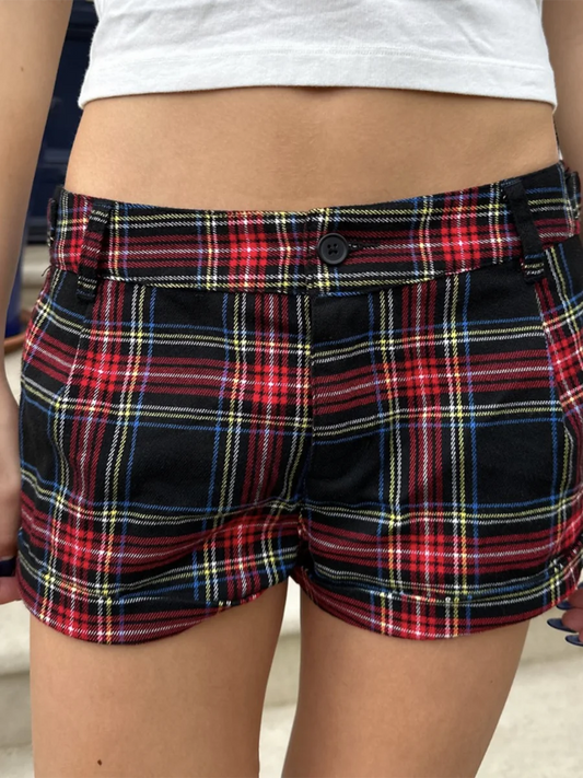 Vintage Red Black Plaid Button Shorts Women Summer Cotton Casual Loose Elastic High Waist Short Pants Sweet Chic Sweatshort Y2K