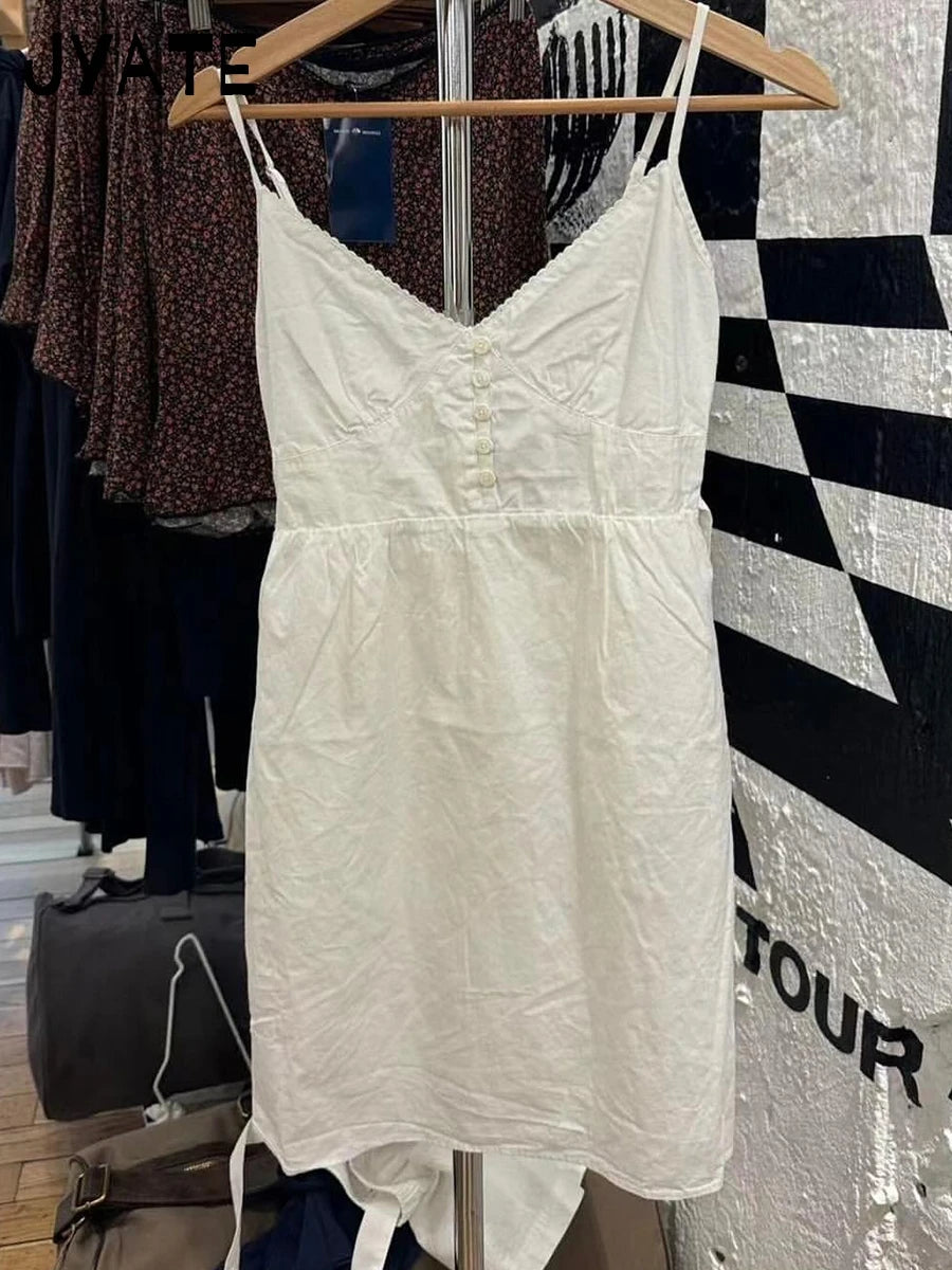 Sweet Lace Trim Buttons White A-line Dress Women New Elastic Waist V-neck Sleeveless Mini Dresses Vintage Chic Y2K Short Vestido