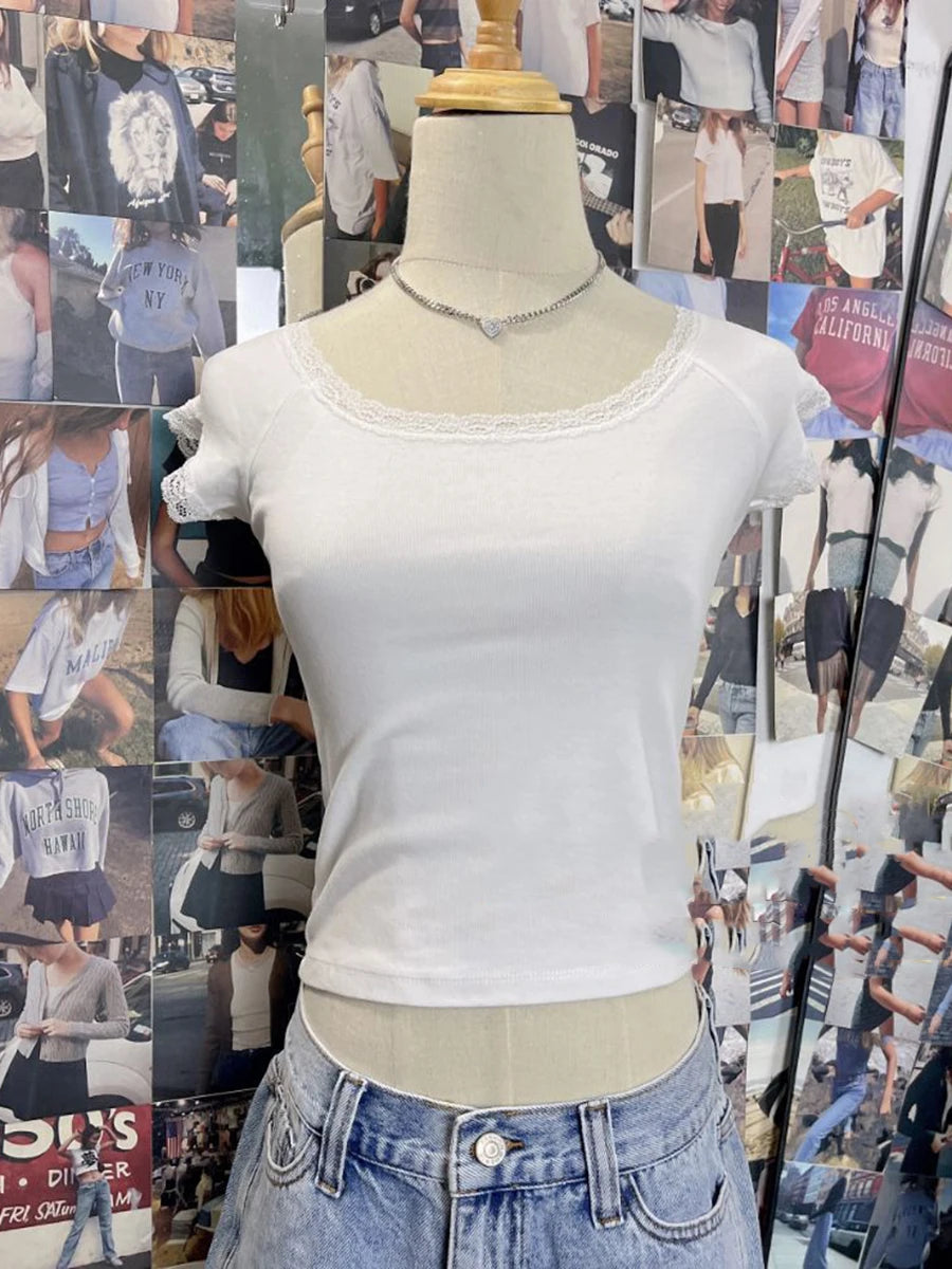 Blue Lace Trim Slim Slash Neck T-shirts Female New Cotton Casual Simple Short Sleeve Tees Vintage Chic Sweet Tops Women Clothes