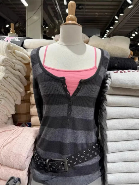 Striped Square Neck Knitwear Women Cotton Streetwear Raw Hem Long Sleeve Pullover Top Vintage Preppy Style Sweet Sweaters
