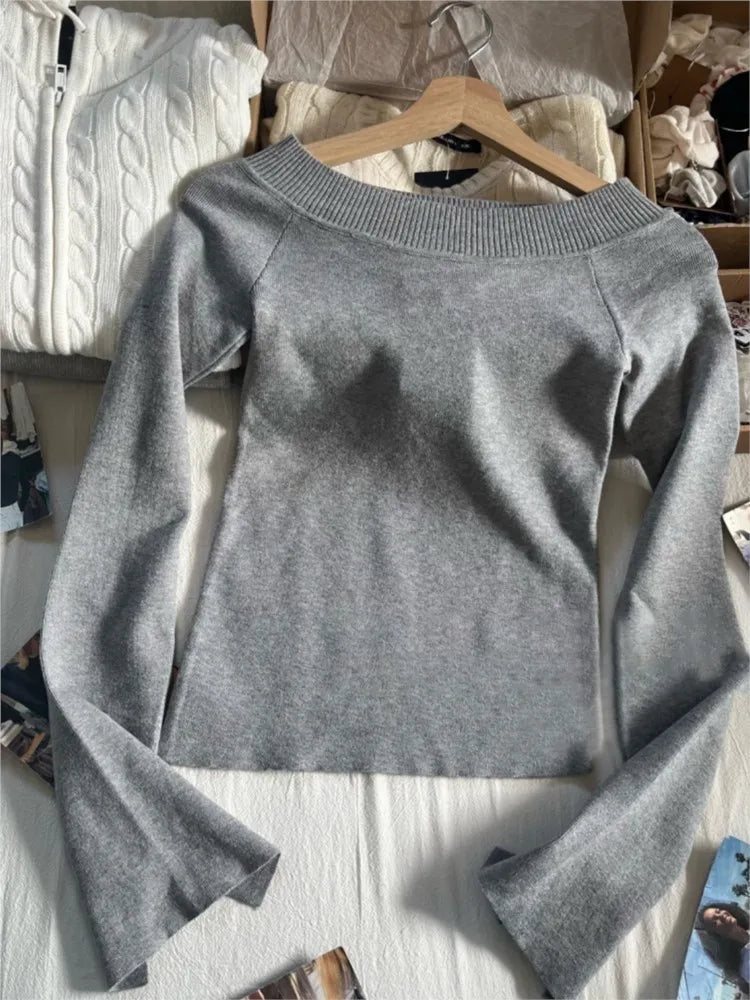 Gray Irregular Knit Long Sleeve T-shirt Women Autumn Fashion Slash Neck Sexy Cotton Slim Tee Sweet Preppy Style Knitwear Y2K Top