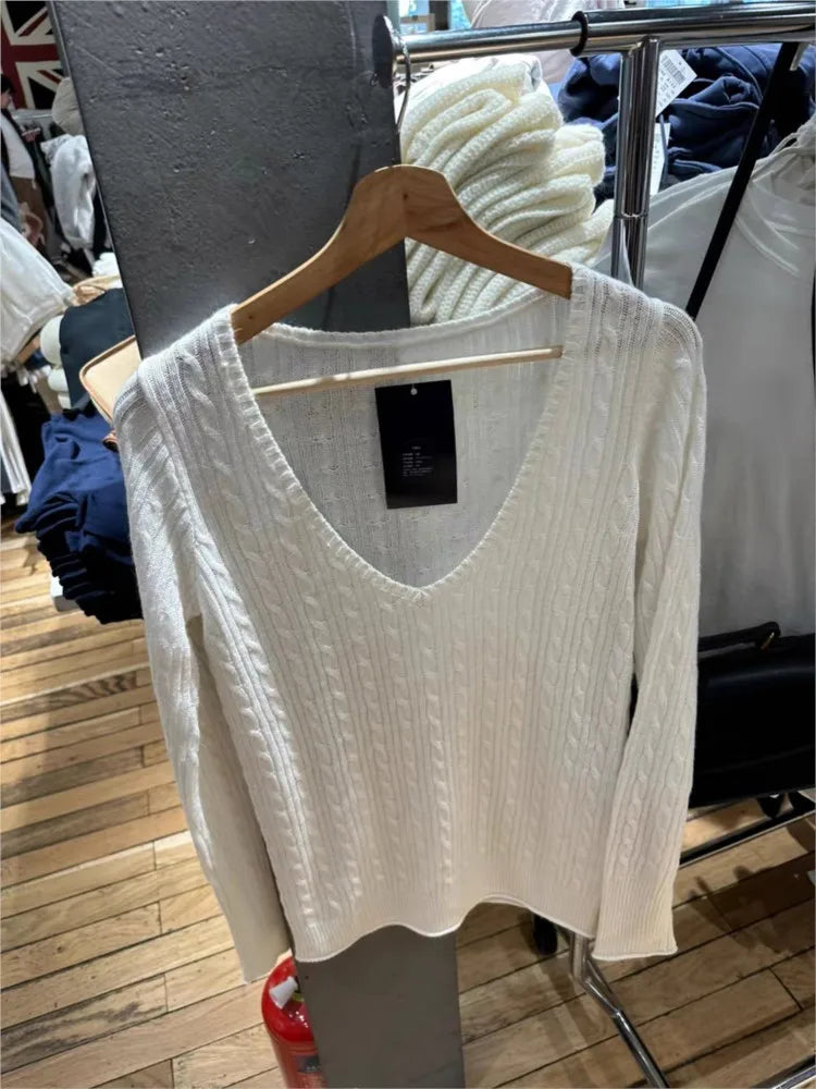 New Beige Twisted Flower Thin Knitted Sweater Women V-Neck Long Sleeve Jumpers Spring Sweet Cute Preppy Style Sweater Top
