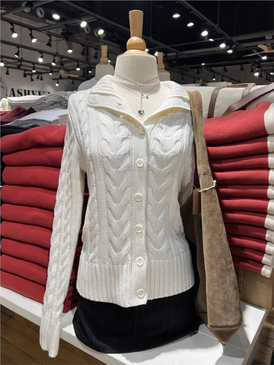 Twisted Flower White Sweater Cardigan Spring Stand Collar Single Breasted Long Sleeve Sweaters Casual Preppy Style Woman's Coat