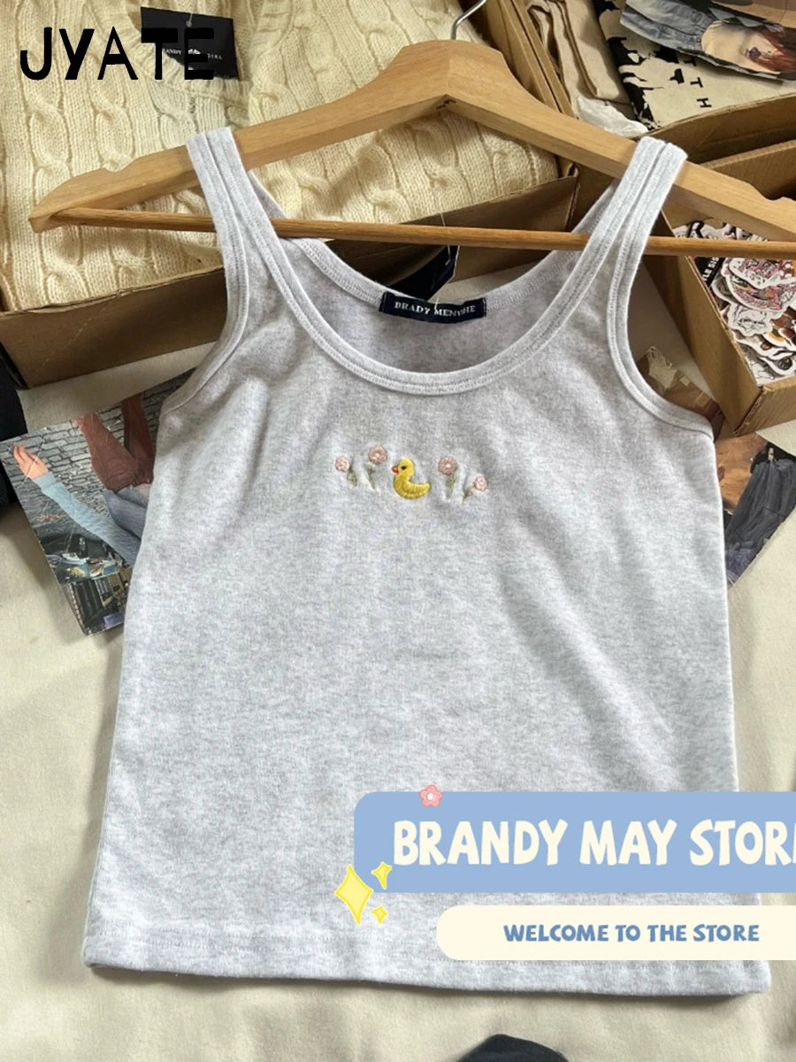 Cute Duck Daisy Embroidery U-neck Tank Tops Women New Cotton Casual Preppy Style Sleeveless Vest Sweet Vintage Chic Camisole Y2K