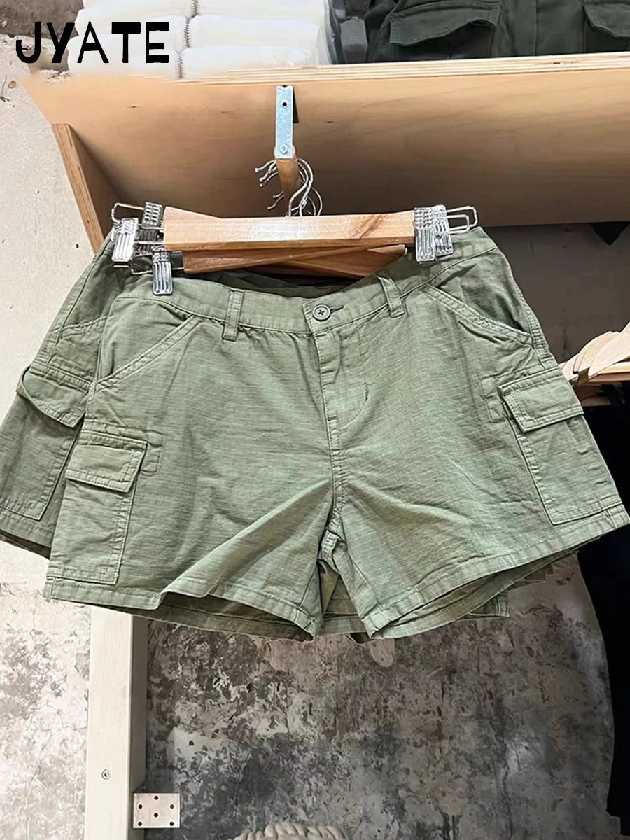 Vintage Solid Pockets Straight Short Pants Women Cotton Streetwear Casual High Waist Sweatpants Harajuku Chic Y2K Cargo Shorts