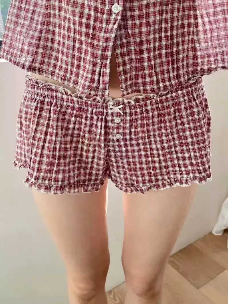 Red Plaid Ruffle Shorts Women Summer Casual Buttons Bow Elastic Low Waist Straight Pant Chic Sweet Preppy Style Short Pants Y2K