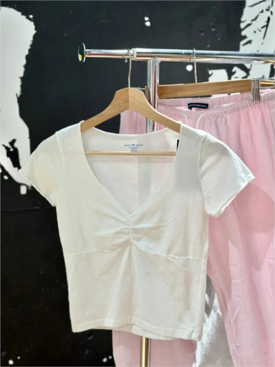 White Lace Trim Short Sleeve Tees+Stripe Shorts Womewn Suit Casual T-shirts Blue Shorts Simple Homewear Outwear Two Piece Outfit