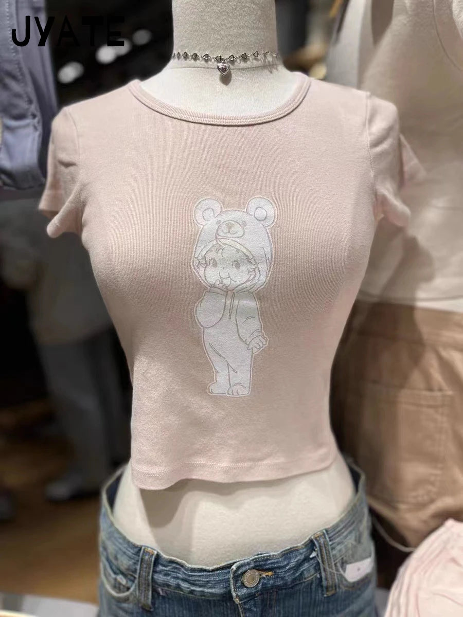 Sweet Angel Bear Print Pink Crop Tops Women New Cotton O-neck Casual Slim Cropped Tees Shirt Cute Preppy Style Chic T-shirts Y2K
