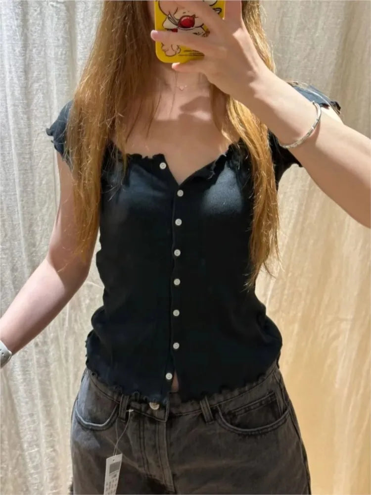 Black Fungus Trim Slim T-shirt Woman Summer Simple O-neck Ribbed Single Breasted Short Sleeve Cotton Tee Casual All-match Tops