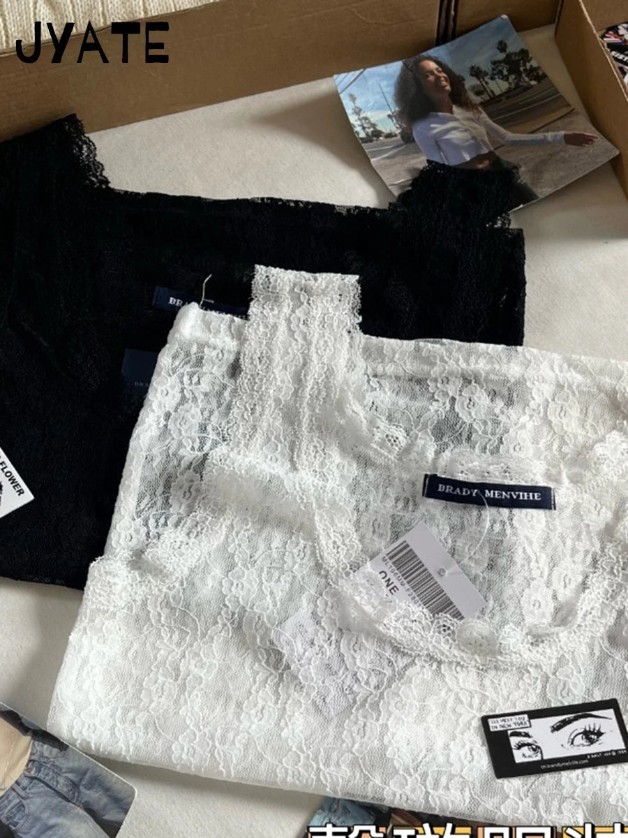 Sexy Solid U-neck Lace See Through Tank Tops Women Summer Casual Simple Sleeveless Vests Female New Vintage Sweet Crop Tops Y2K
