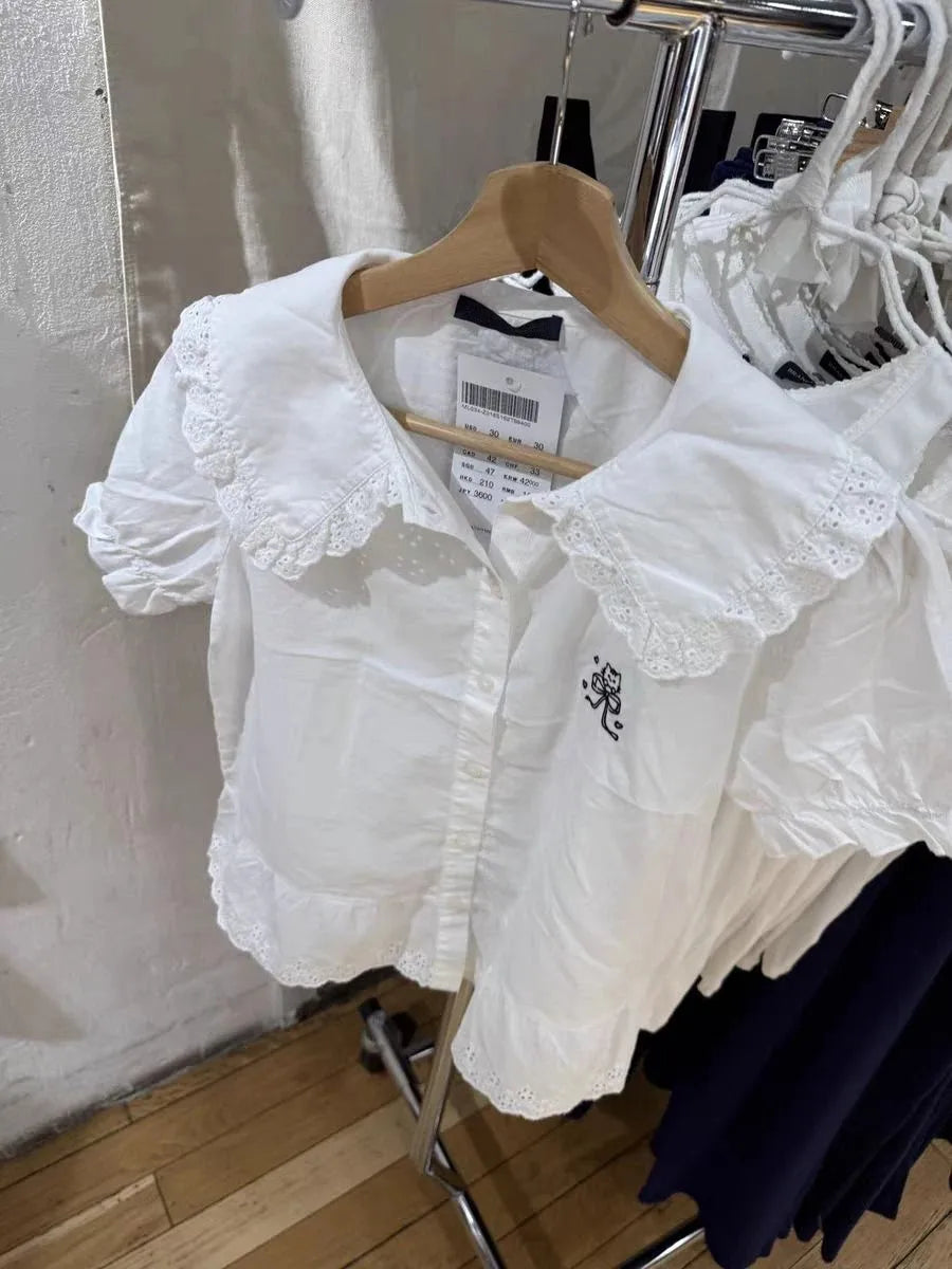 Cat Embroidery Lace Trim T-shirt Blouse Women Casual Pan Collar Single Breasted Short Sleeve Tee Sweet Cute Preppy Style T-shirt
