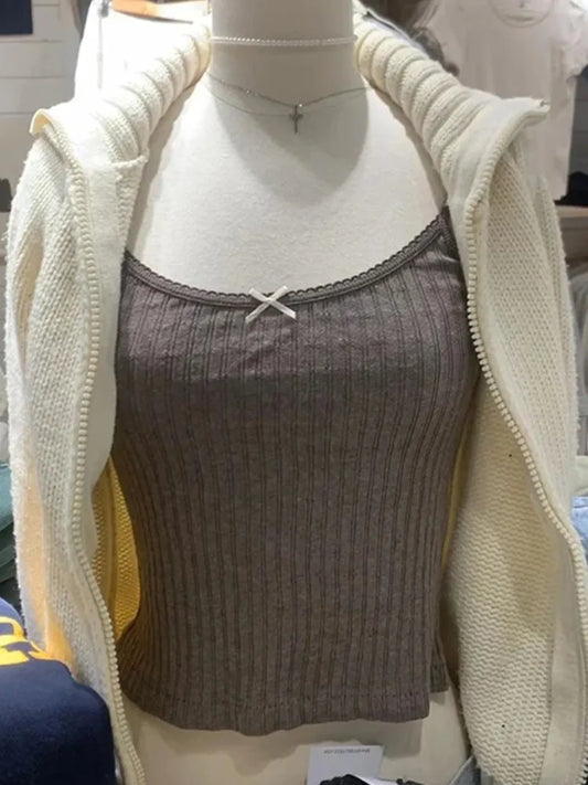 Retro Ribbed Knit Bow Camis Women Summer New Cotton Lace Trim Casual Sleeveless Tank Tops Sweet Vintage Chic Slim Crop Top Y2K