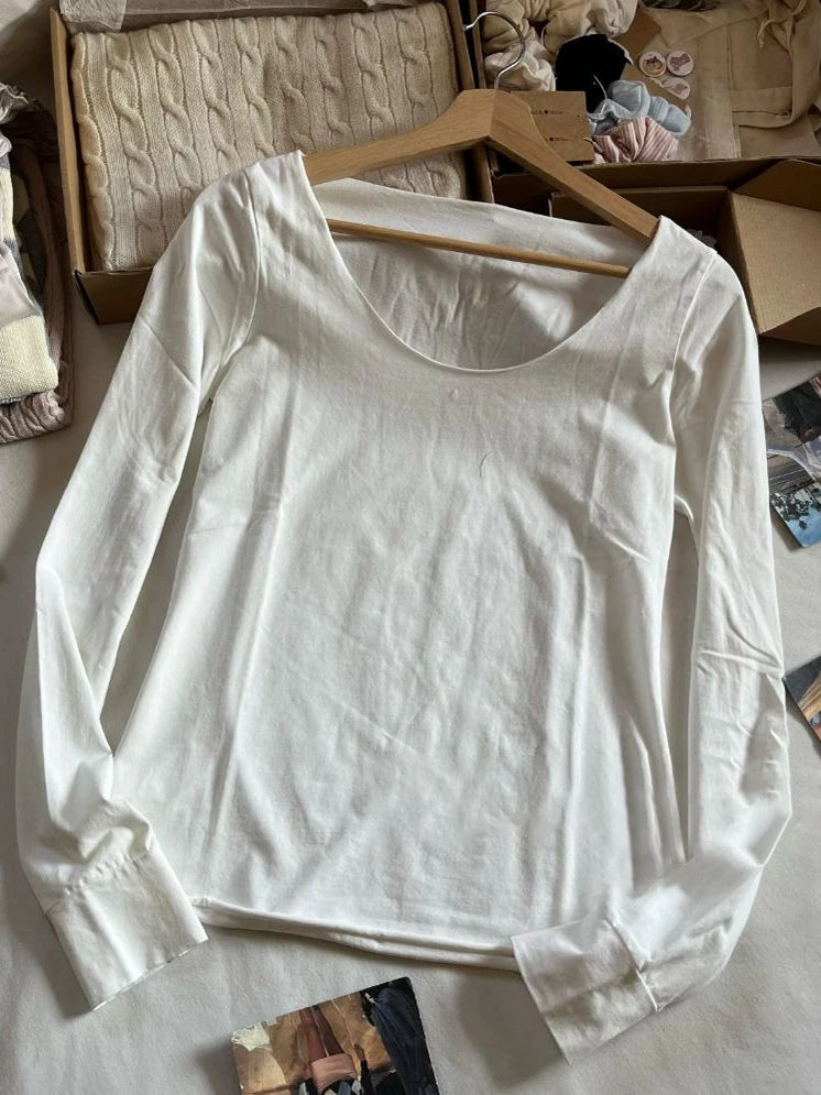 Solid Simple Thin Cotton Long Sleeve T-shirts Women Autumn Sexy Scoop Neck Raw Trim Slim T Shirt Vintage Sweet Basic Tees Y2k