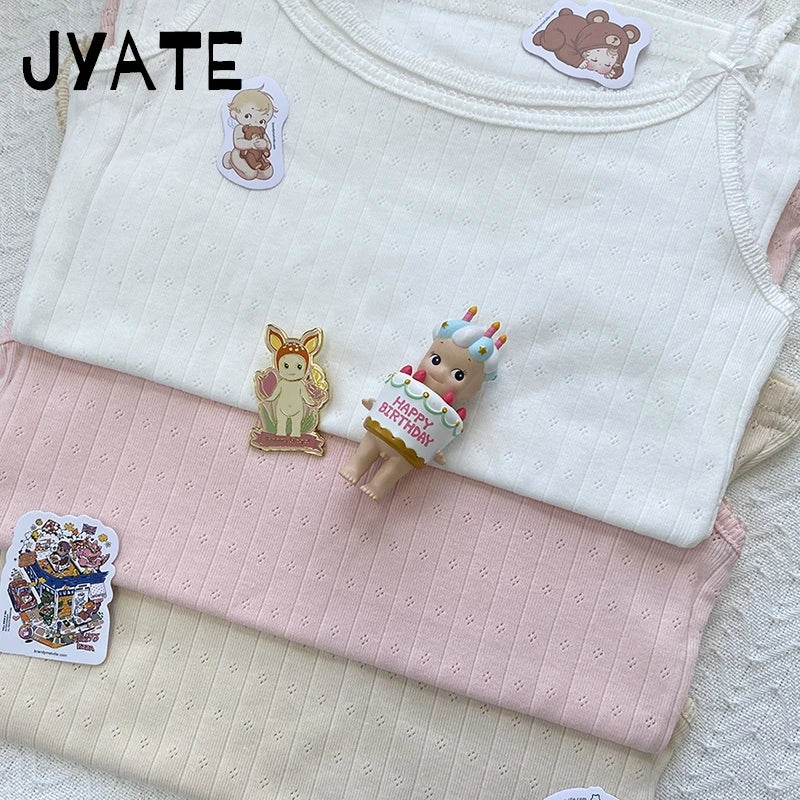 Sweet Lace Trim Eyelet Bow Tank Tops Women Cotton Soft Casual Solid Slim Basic Sleeveless Vests Cute Preppy Style Camisole Y2K