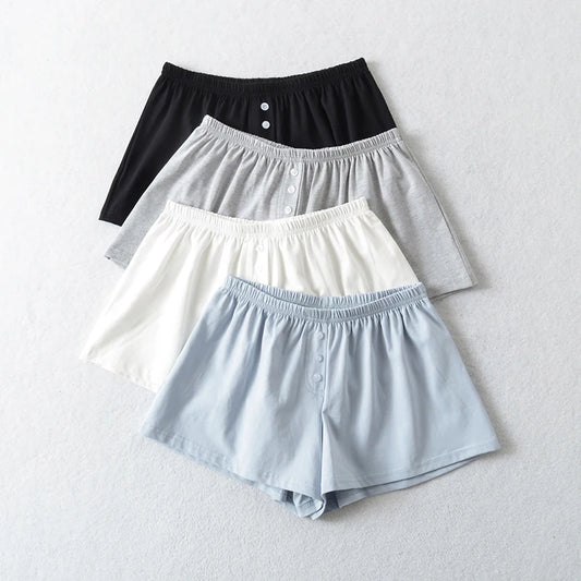 Simple Solid Buttons Shorts Pants Women Summer Cotton Soft Casual Elastic Waist Homewear Female Basic Vintage Chic Sport Short