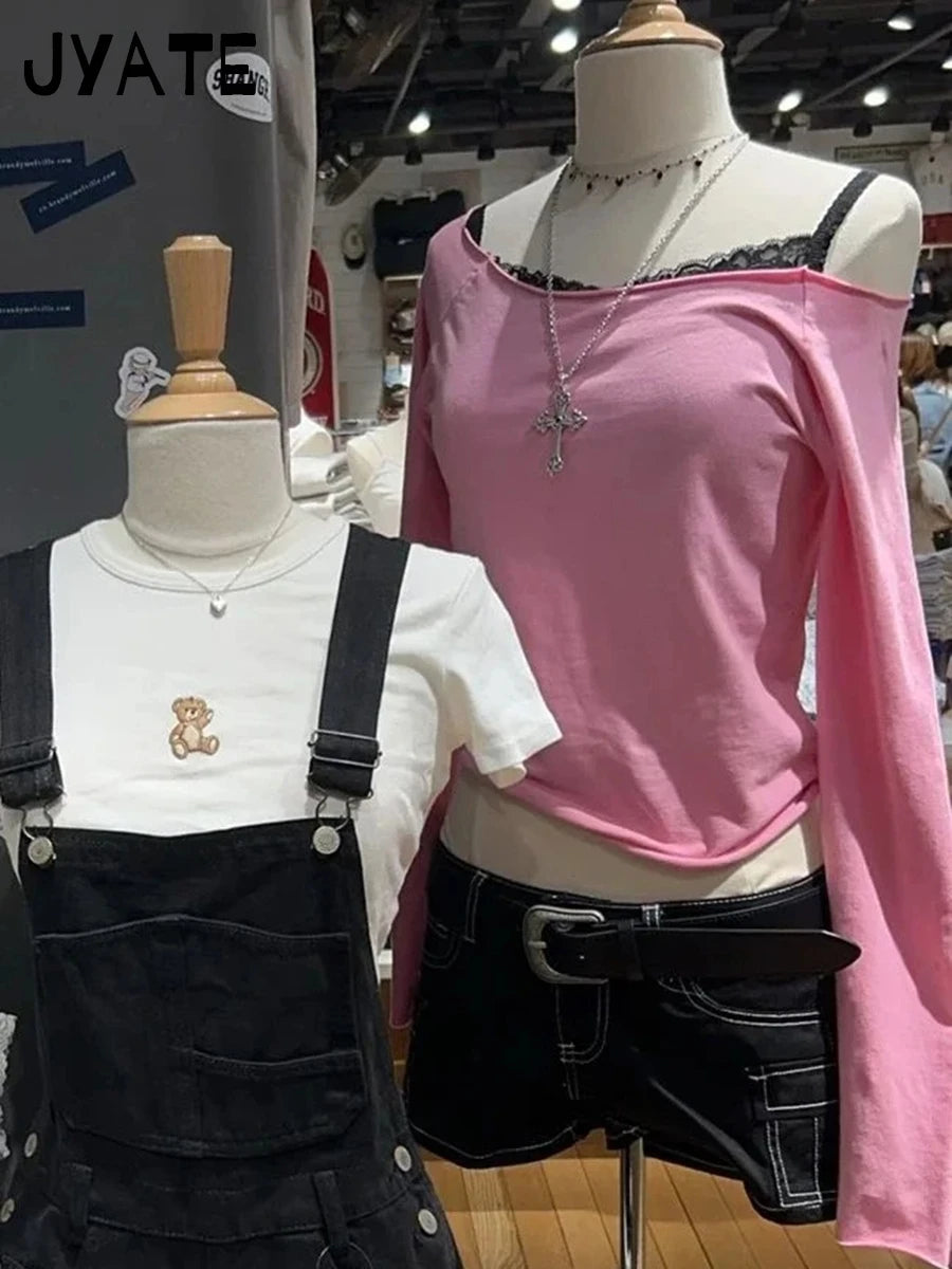 New Pink Raw Hem Long Sleeve Tees Women Casual Cotton Streetwear Slim Scoop Neck Crop Tops Femme Sweet Vintage Cute T-shirts Y2K
