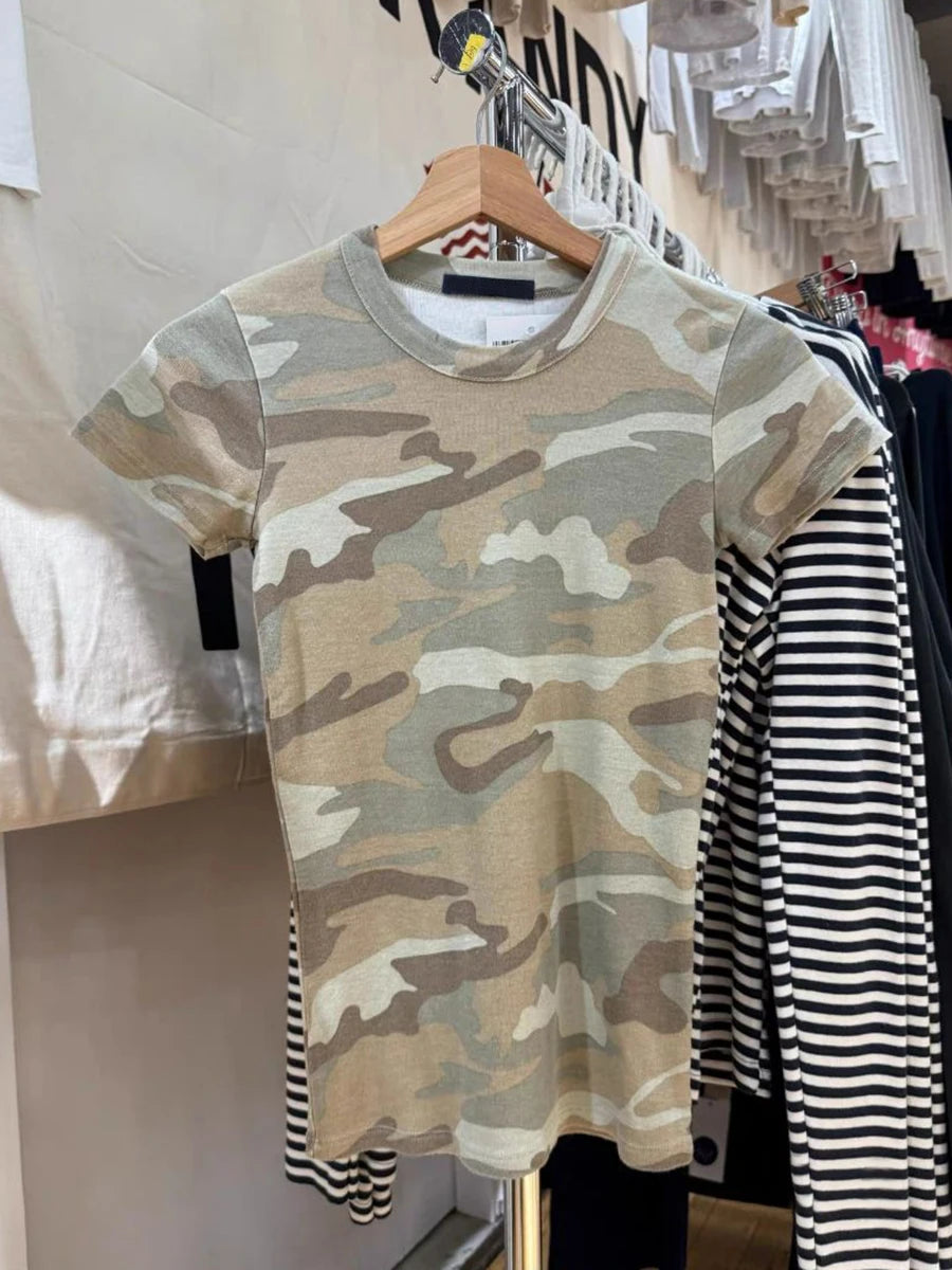 Camouflage Cotton T-shirts Women Streetwear Simple O-neck Short Sleeve Slim Tee Tops American Vintage Casual Tshirts Y2k Top