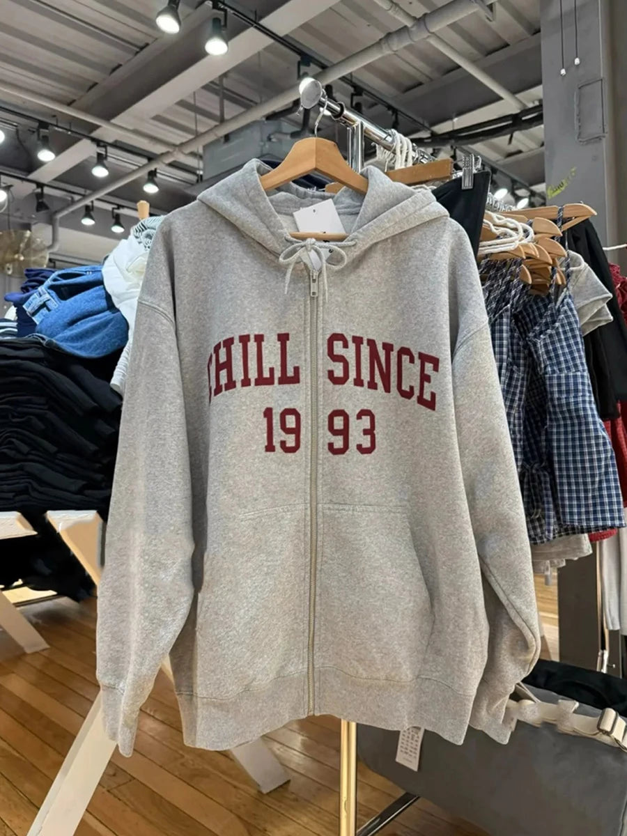 Letter Embroidered Zip-up Hoodies Woman Casual Simple Long Sleeve Oversized Hooded Cotton Sweatshirts Preppy Style Hoodies Tops