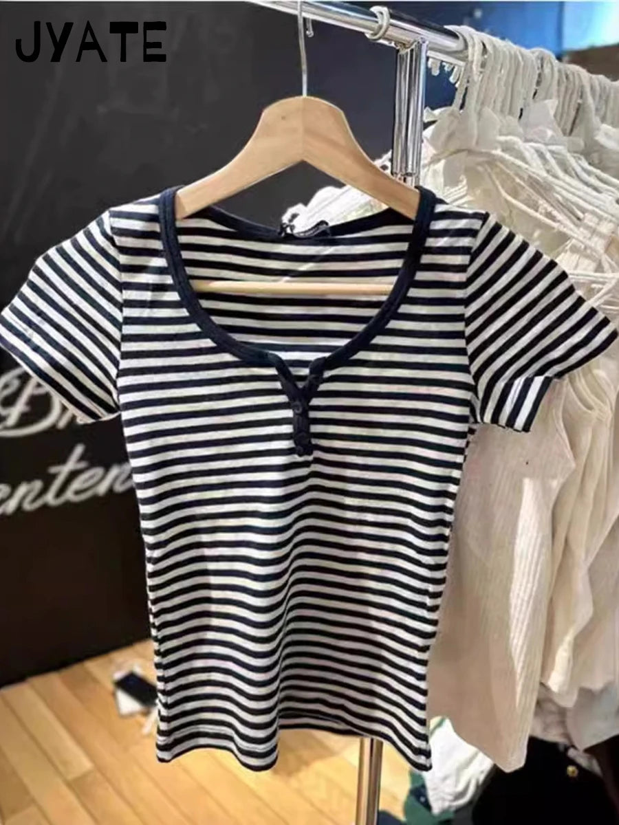 Navy Striped T-shirts Shorts 2 Pieces Set Women New Slim Cotton Soft O-neck Tee+Button Straight Short Pant Sweet Pajama Sets Y2K