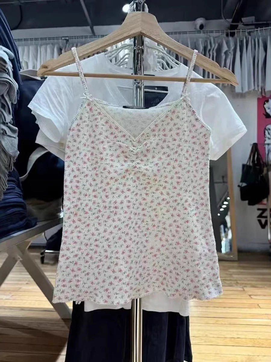 Pink Floral Eyelet Slim Tank Top Women Spring Lace Trim Sleeveless Cotton Crop Tops Casual Sweet Cute Preppy Style Y2K Camis New