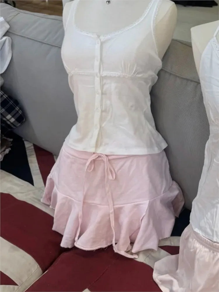 Sweet Pink Lace-up Ballet Skirt Woman Spring Casual Elastic Waist Cotton Sports Skirts Cute All-match A-line Short Faldas New