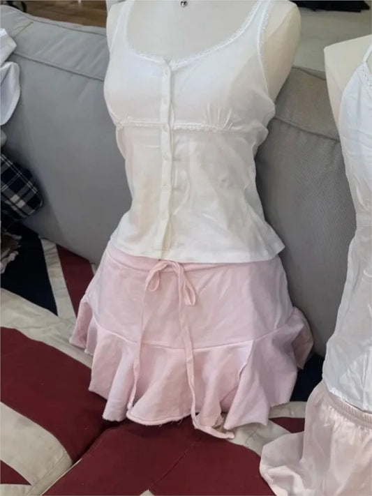 Sweet Pink Lace-up Ballet Skirt Woman Spring Casual Elastic Waist Cotton Sports Skirts Cute All-match A-line Short Faldas New