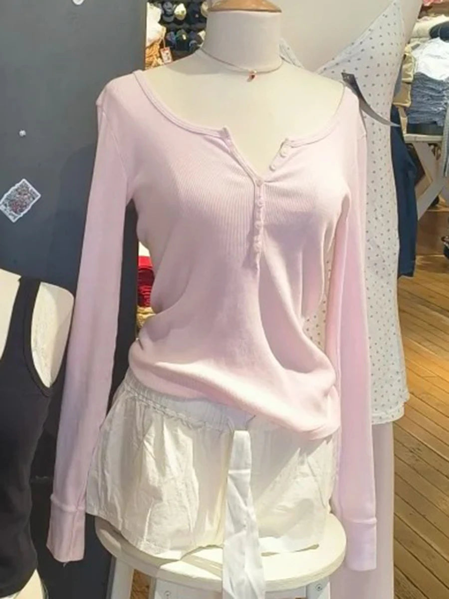 Pink Six Buttons Thin Long Sleeve T-shirts Women Spring Round Neck Cotton Slim Tee Top Female Cute Sweet Tshirt Y2k Tops New