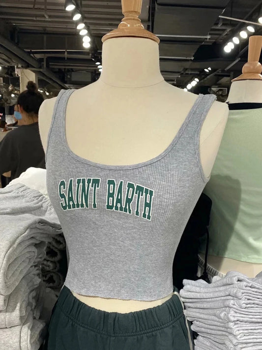 Fashion Gray Letter Print Sleeveless Vests Women Summer Slim Sexy Ribbed Chic Streetwear Crop Tops Female Vintage Y2K Cute Camis