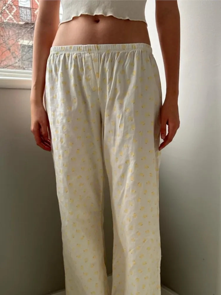 Little Yellow Duck Print Long Pants Women New Cotton Casual Elastic High Waist Straight Trouser Sweet Chic Cute Home Pant Y2K