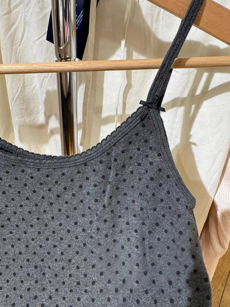 New Dot Lace Trim Slim Tank Tops Women Summer Casual Bow Strap Sleeveless Cotton Camisole Vintage Streetwear Sweet Y2K Crop Top