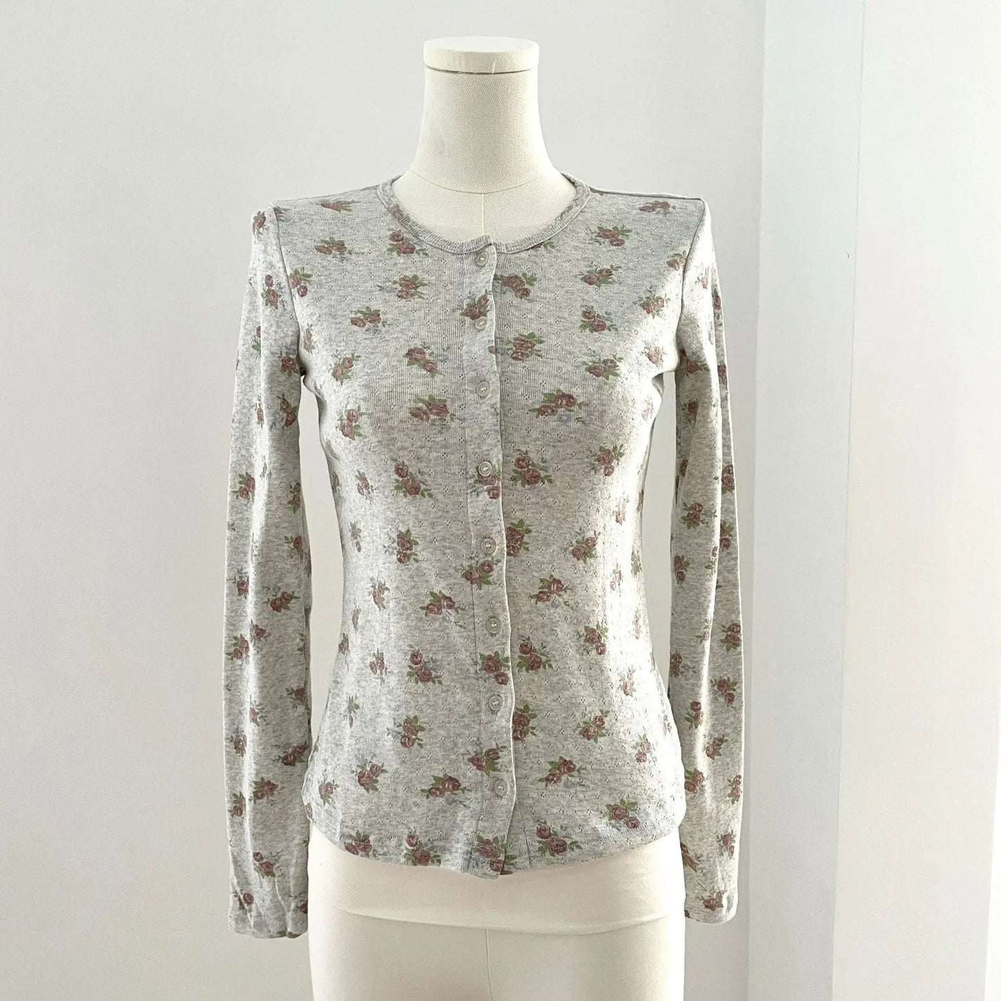 Floral Print Button T-shirts Women Casual Simple Basic Cotton Eyelet Slim Long Sleeve Cardigan Tees Sweet Streetwear Tshirts New