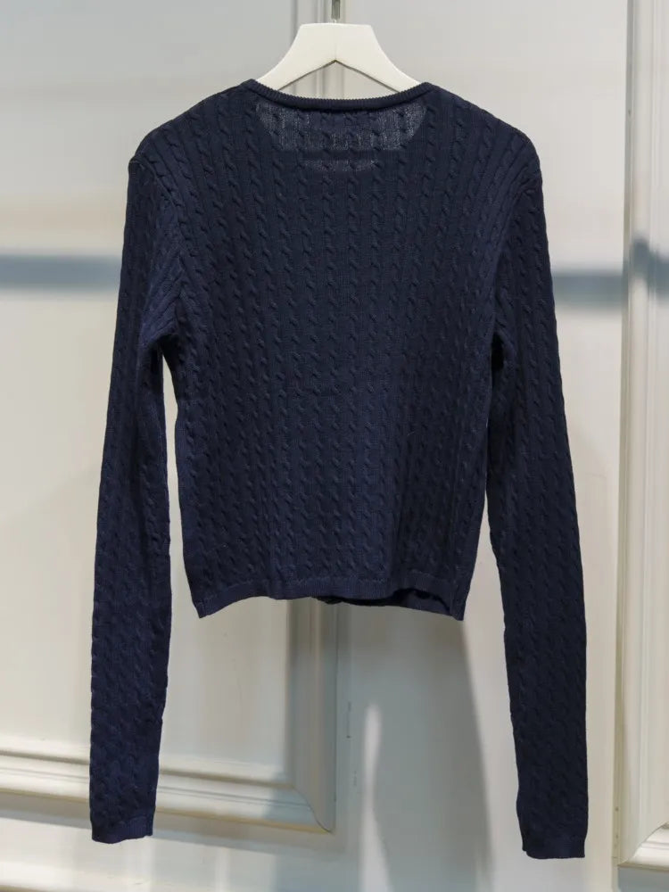 Navy Twist Knitted Cardigan Women Autumn Simple O-neck Casual Preppy Style Long Sleeve Jumper Vintage Cute Basic Sweater Tops