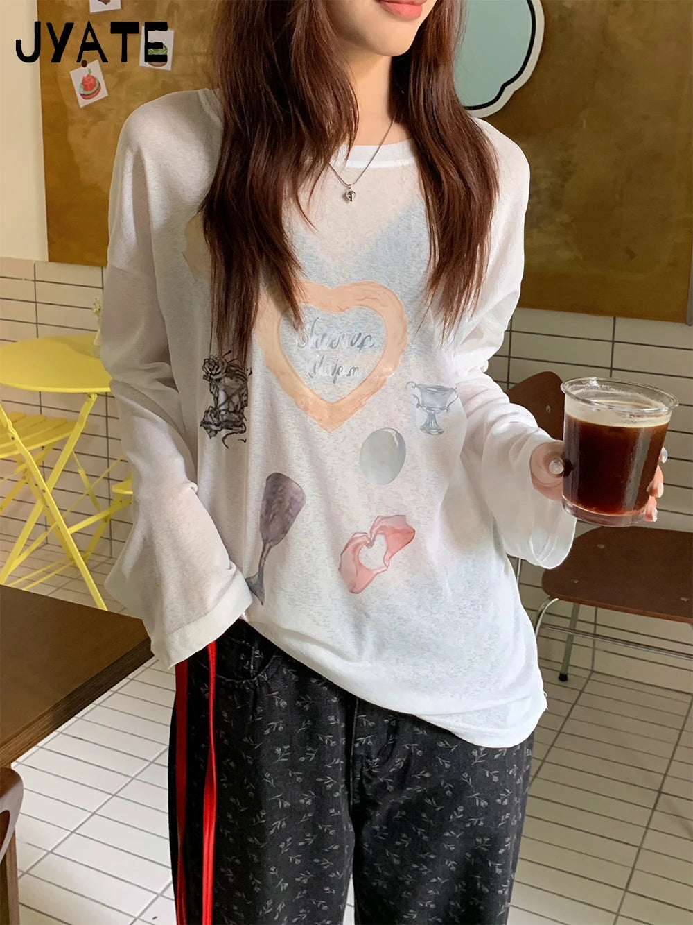 Sweet Graphic Print Long Sleeve Tees Smock Women New Casual White Thin O-neck Tops Clothes Vintage Cute Preppy Style T-shirts